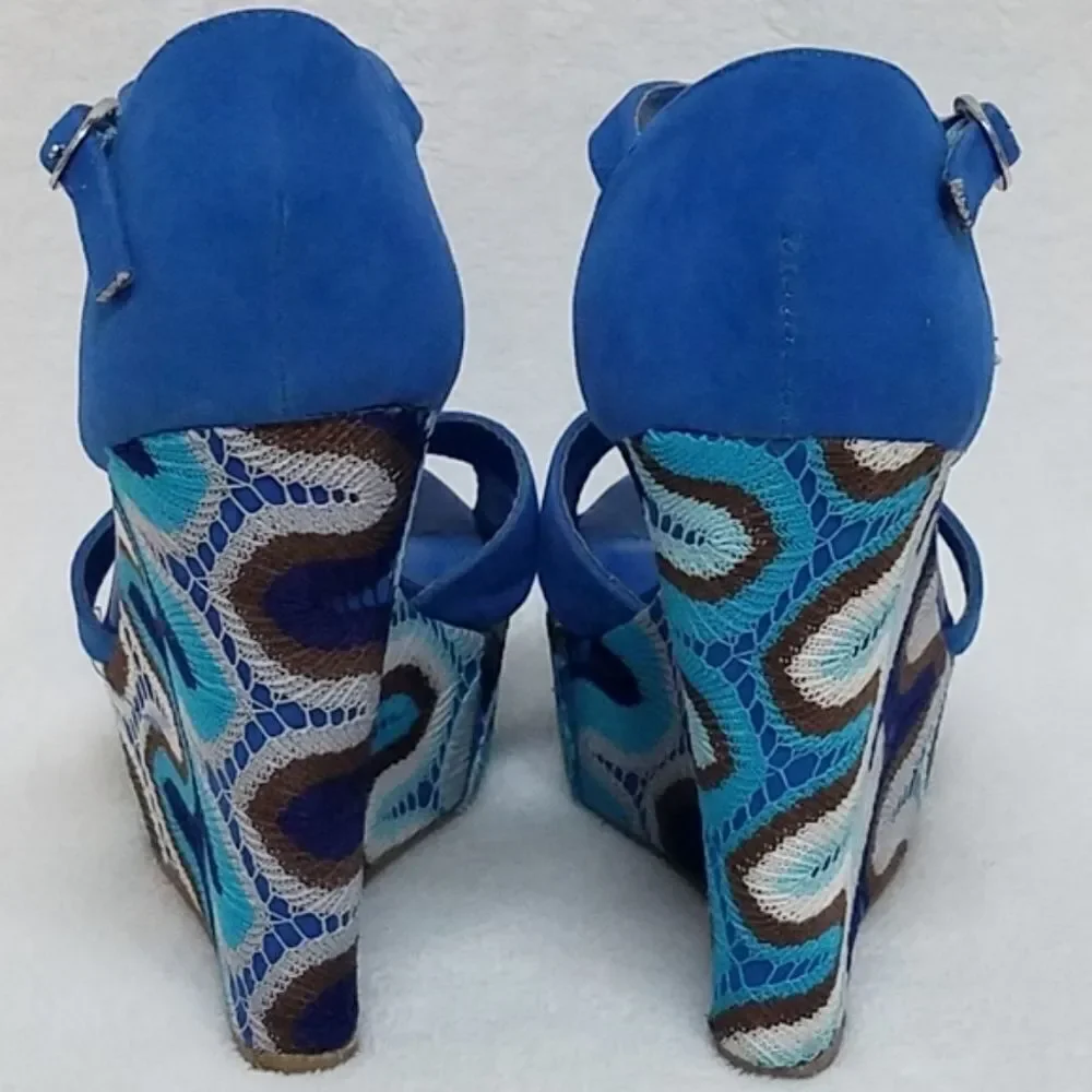 𝅺BAMBOO Eliza Blue Crochet Boho Platform Wedges